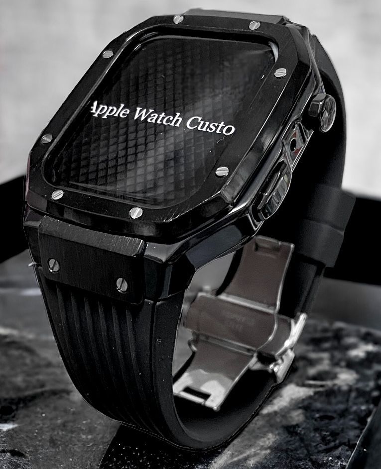 ブラック アップルウォッチバンド ラバーベルト ステンレス カバー Apple Watch ケース 44mm 45mm 4 5 6 7 8 9 se メンズ レディース スポーツ Dバックルブラックモデル