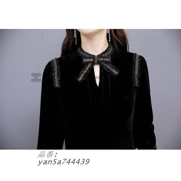 ワンピースレディース40代ロング丈長袖AラインVネックベロアリボン付き 結婚式ドレス二次会パーティドレス通勤お