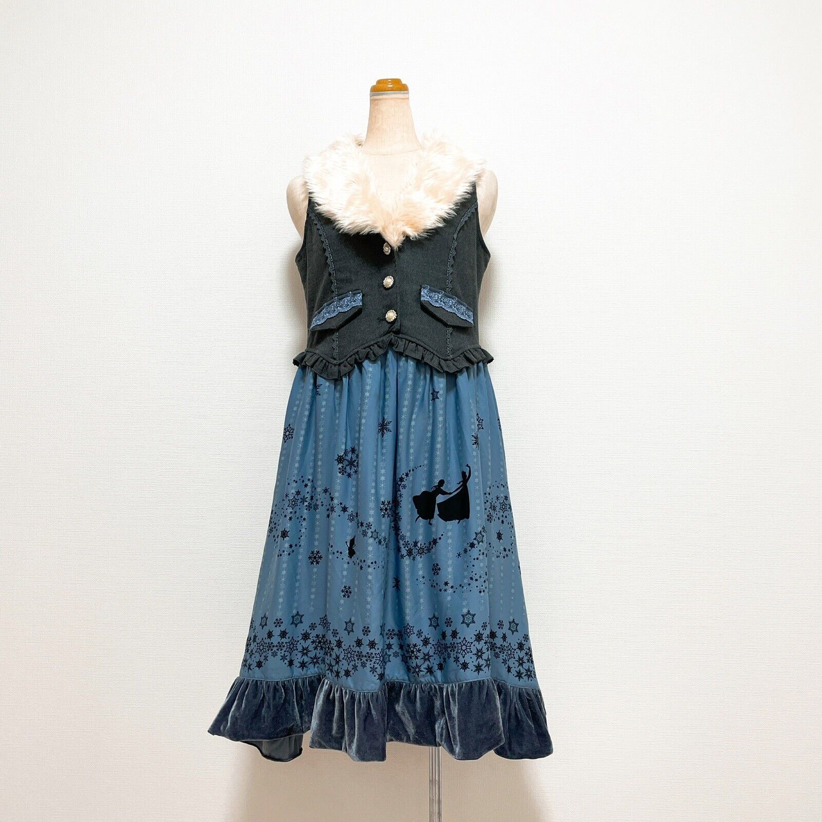 axes femme FROZEN アナと雪の女王 コラボ ファー付ワンピース グレー 水色 M コスプレ ロリータ パーク