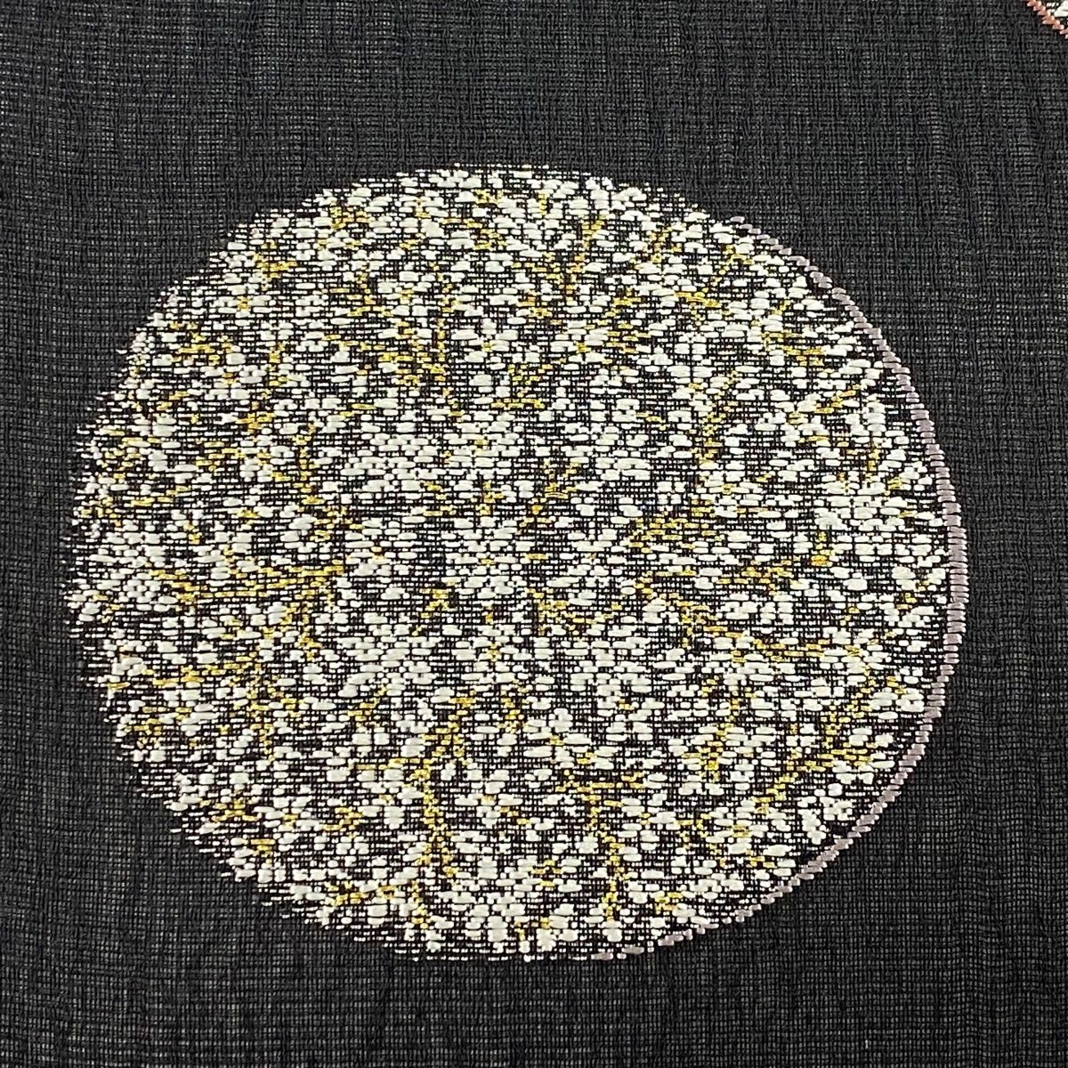 袋帯 秀品 夏帯 丸文 花 金糸 箔 黒 六通 正絹