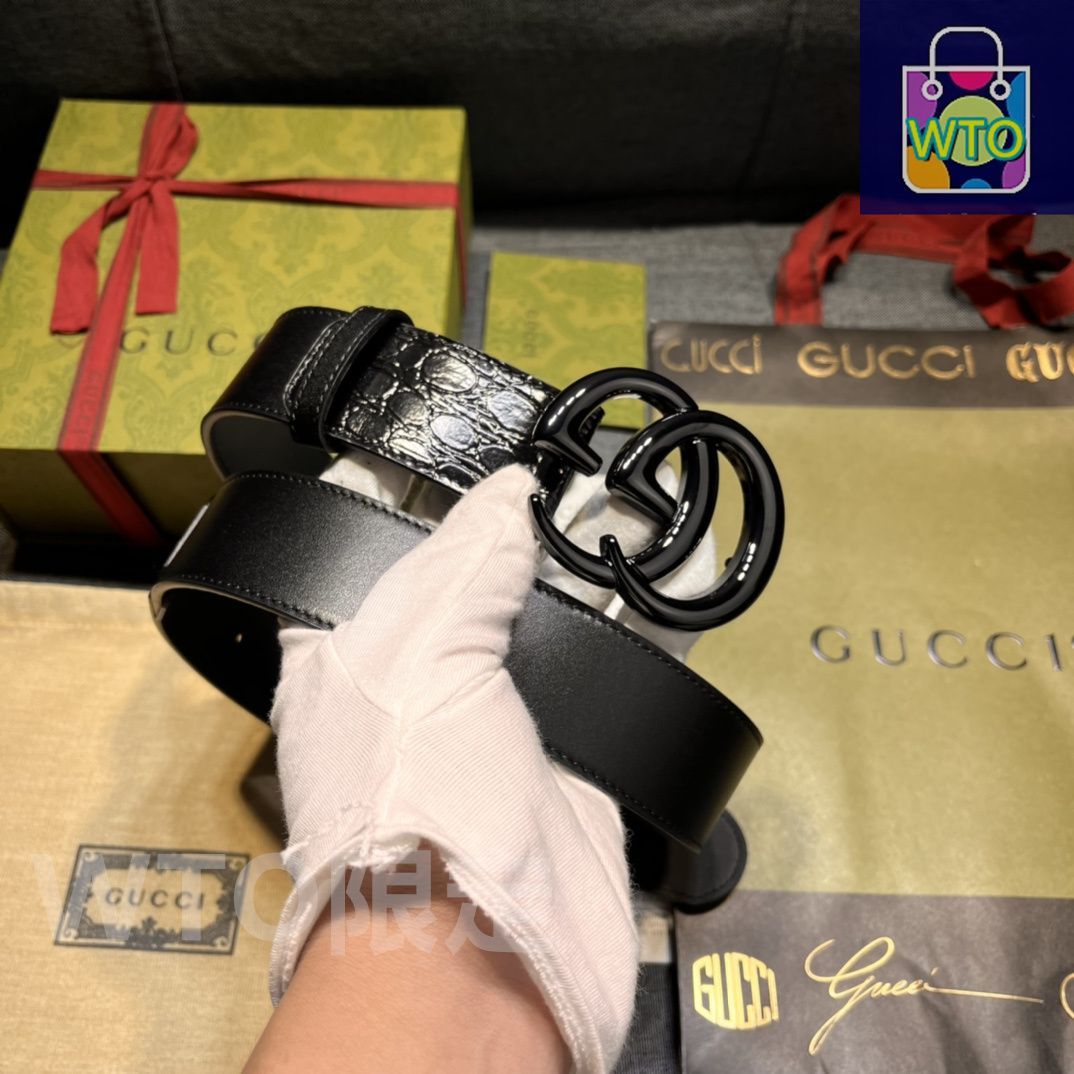 今日特価】GUCCI New Model ブラックレザーベルト with GG