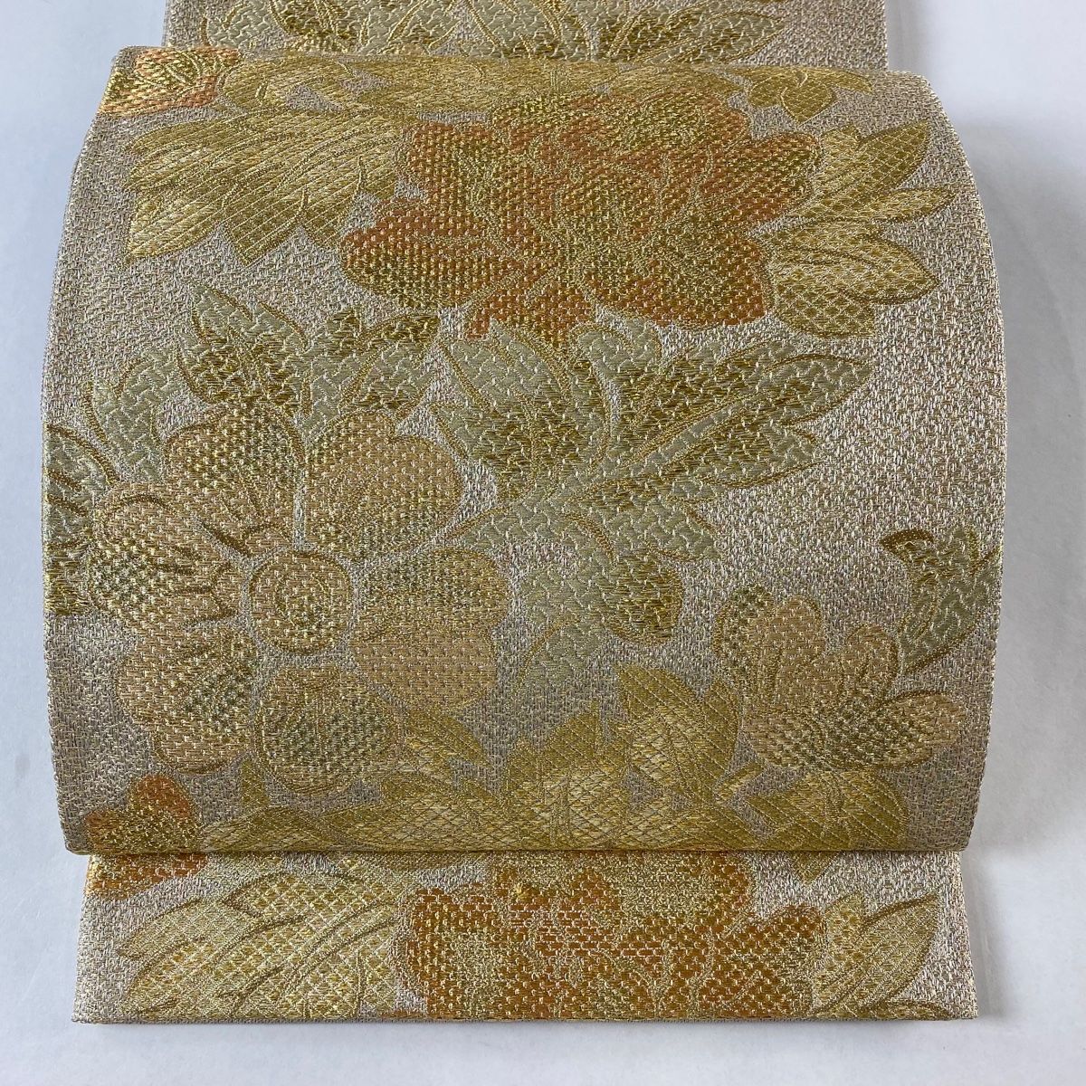 袋帯 名品 草花 金糸 ベージュ 六通 正絹