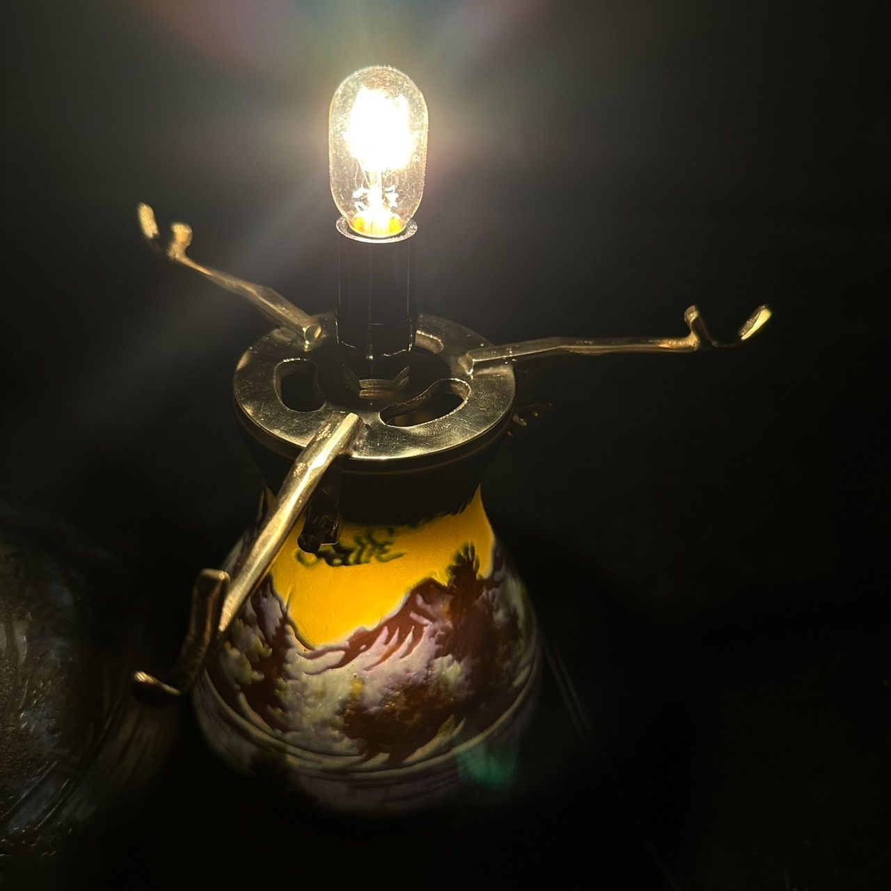 証明書】エミールガレ 二灯ランプ 山景紋 カメオ彫り 被せガラス 高さ 