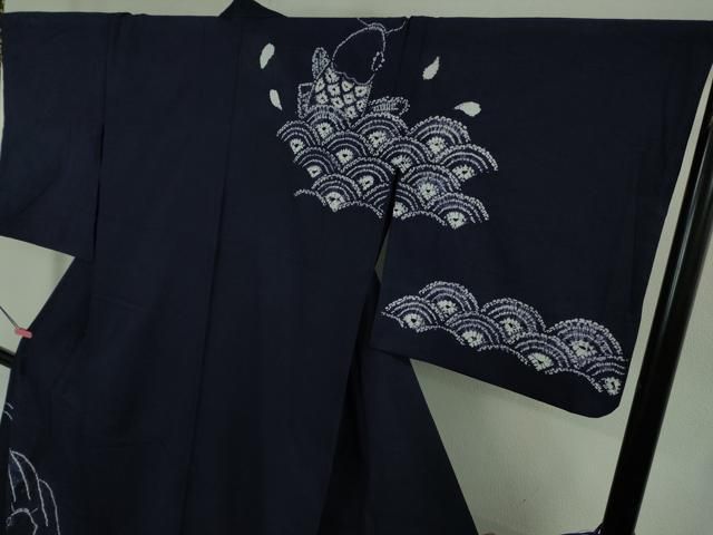 平和屋着物■極上　夏物　浴衣　有松鳴海絞り　鯉の滝登り　黒地　綿　逸品　DZAB0884kh5 平和屋着物□極上 夏物 浴衣 有松鳴海絞り 鯉の滝登り 黒地 綿 逸品