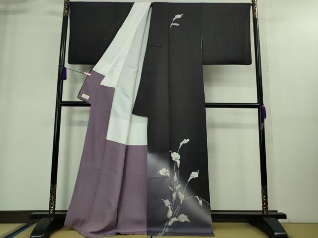 平和屋着物■極上　訪問着　カラー　暈し染め　紫黒色地　銀彩　やまと金ラベル　逸品　DZAA8917kh5 平和屋着物□極上 訪問着 カラー 暈し染め 紫黒色地 銀彩 やまと金