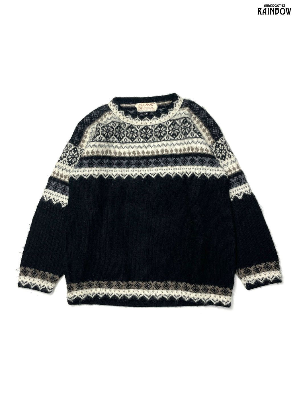 古着 総柄 ノルディック柄 アルパカ ピュアウール100％ 長袖 ニット セーター 黒 ttu2509011
