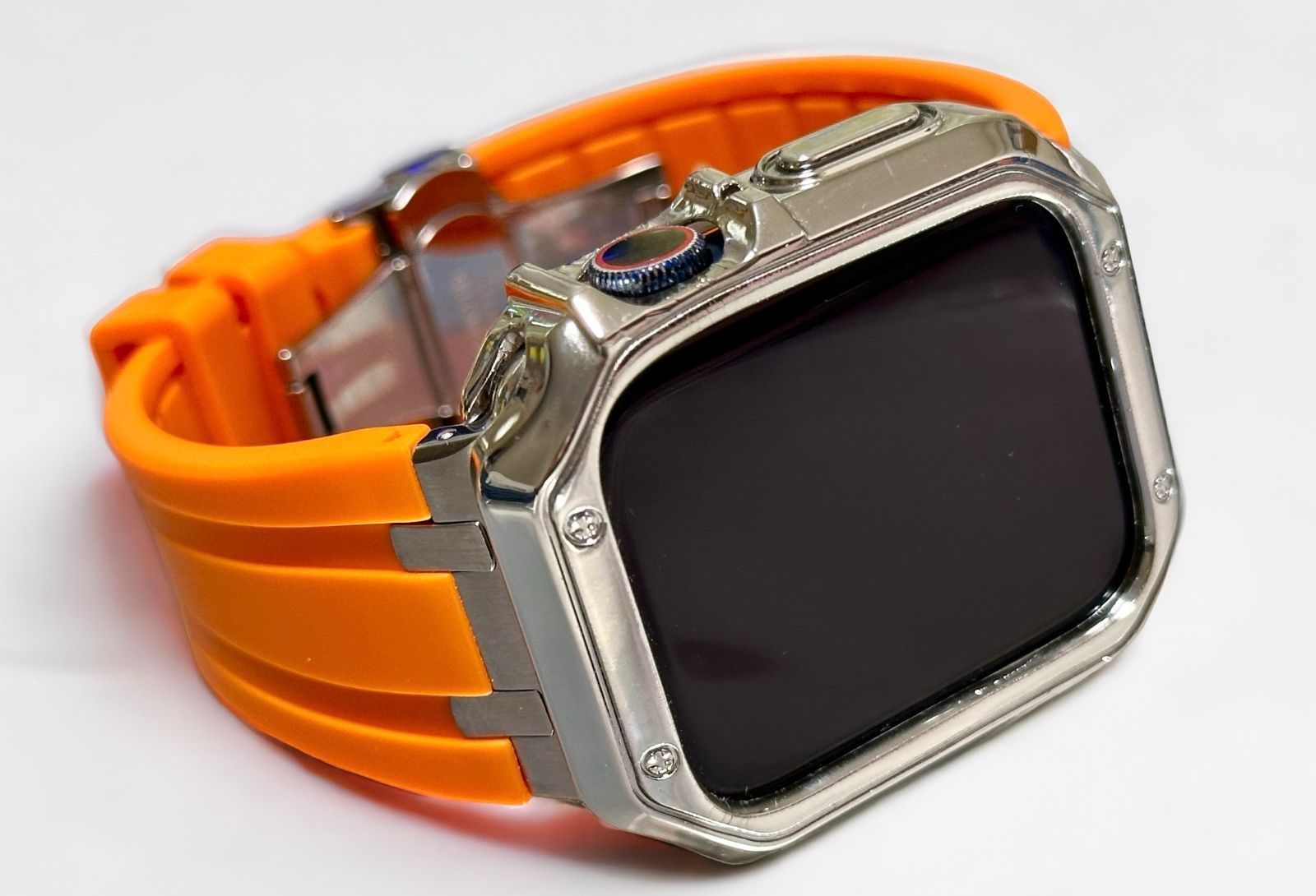 シームレス オレンジ-シルバー アップルウォッチ 316Lステンレス ラバーベルト Apple Watch 厚ケース カバー series1〜9 38mm 40mm 41mm 42mm 44mm 45mm Apple Watch バンド