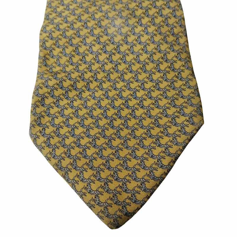 フェラガモ ネクタイ 犬 動物柄 ドッグモチーフ イエロー系 シルク100