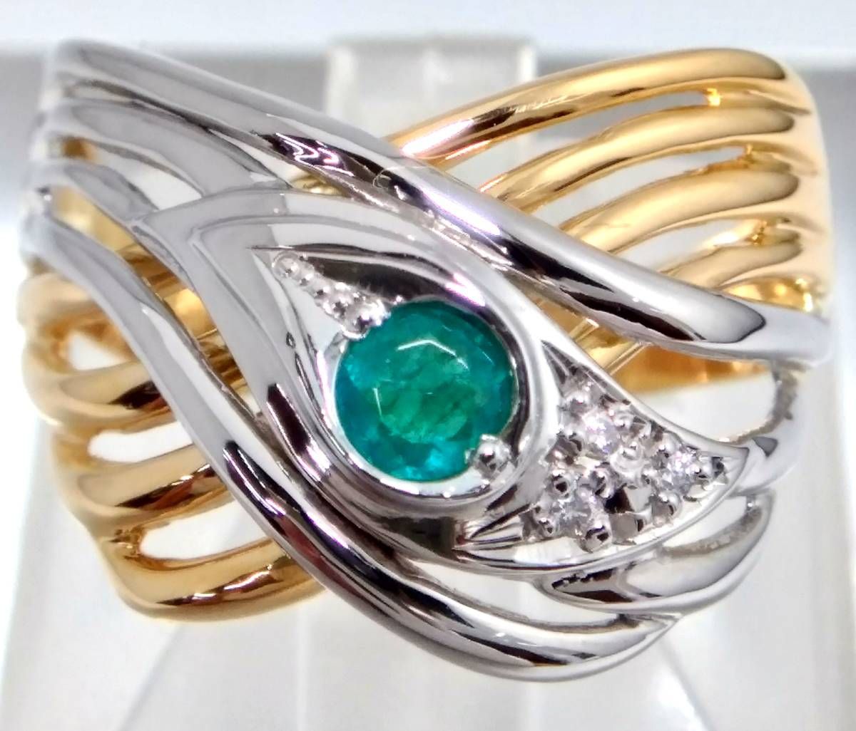 Pt900 &K18 エメラルドとダイヤモンドのデザインリング鑑別付 お客様お取り置き】天然エメラルド0.58ct 天然ダイヤモンド0.43