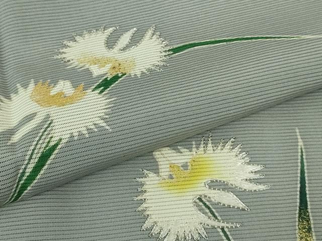 平和屋着物□極上 夏物 訪問着 友禅 作家物 駒刺繍 サギソウ 灰青色地