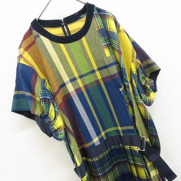 サカイ sacai ワンピース ロング チェック 飾りベルト付き プリーツ