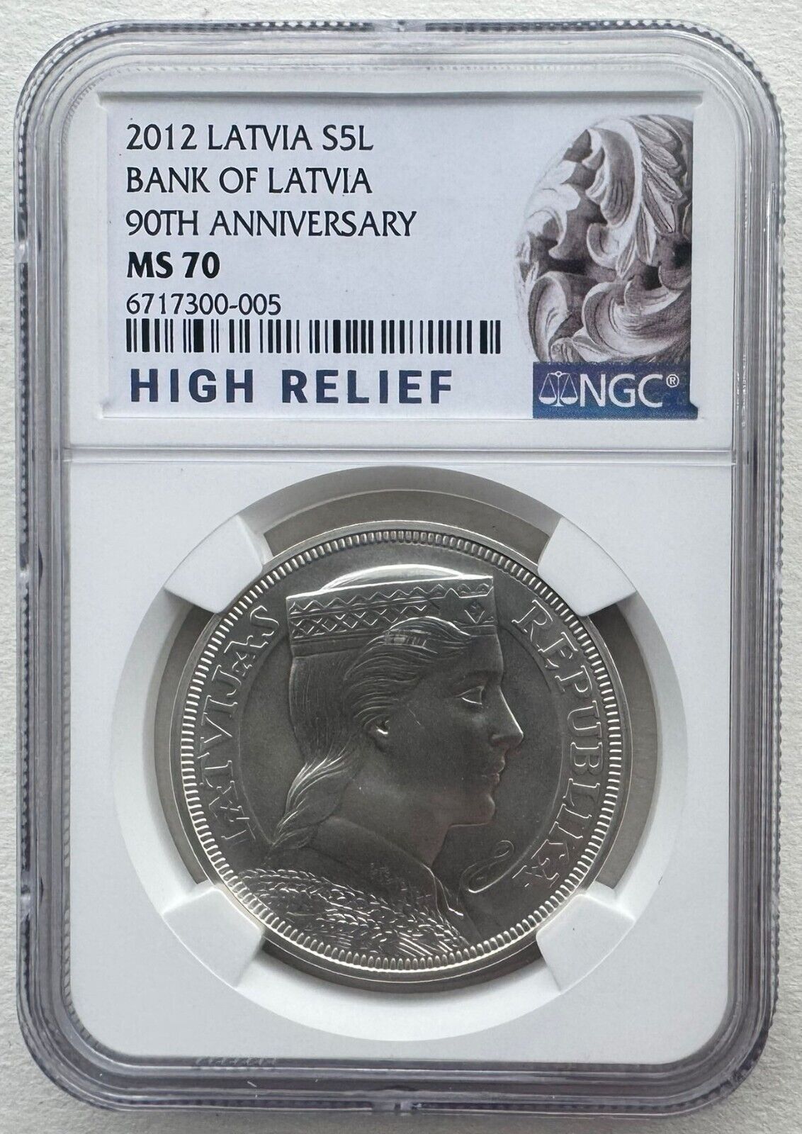 NGC MS70 Lat 2012 Bank of Lat 90th Anniversary Silver Coin 5 Lati COA