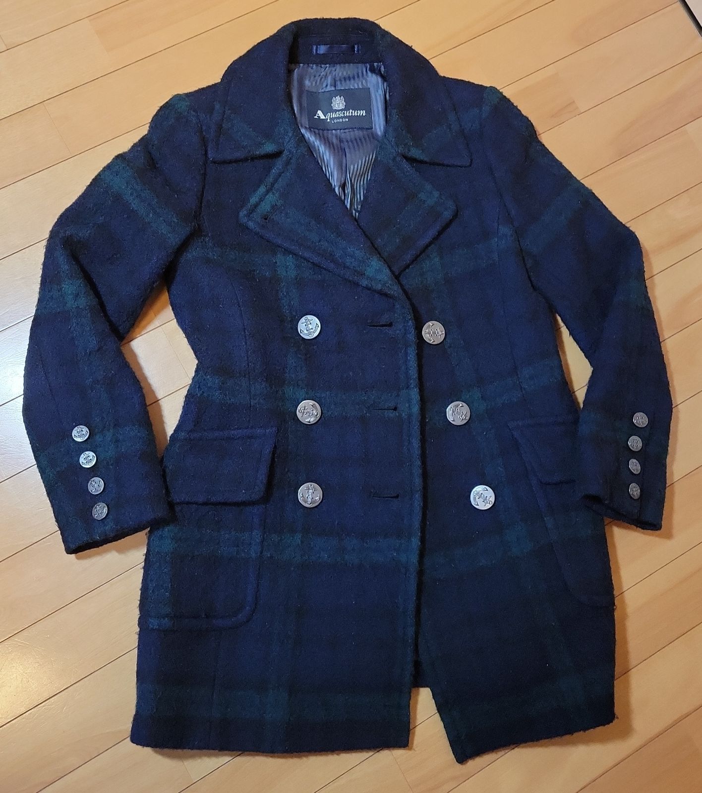 Aquascutum ラクーンファー付チェック柄ピーコート 3625 冬 【最