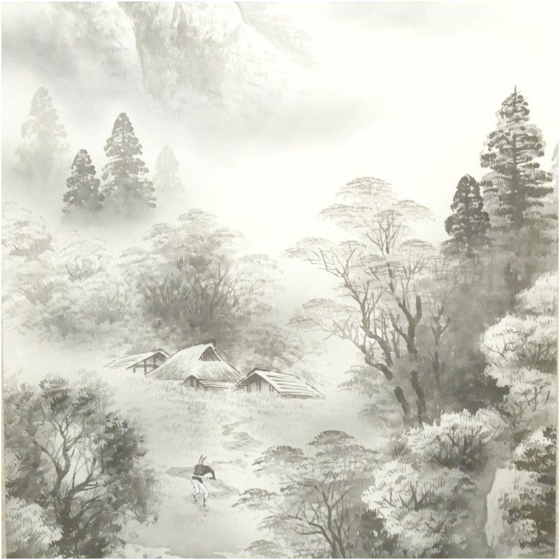 【本表装】肉筆掛け軸水墨画　山水画「山峡帆影」美術品　絵画　和室　茶室　床の間 春径筆 水墨山水 肉筆絹本掛軸（保護箱）掛け軸 床の間 書