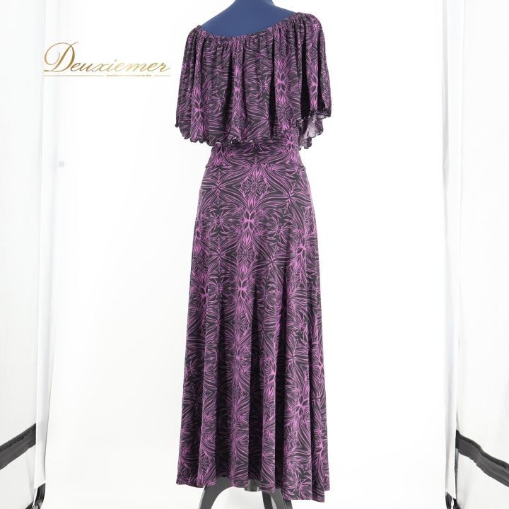 フラダンス 衣装 ツーピース セットアップ 上下セット ブラック系 Kuulei Hawaii フラ ダンス ストレッチ 総柄 ハワイアン タヒチアン 柔らかい 伸縮 華やか ハワイアンプリント アロハ パープル系 LLC-HASEGAWATOSO_COM