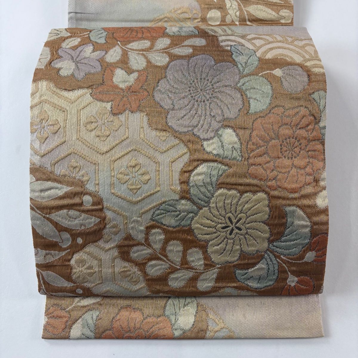 袋帯 秀品 辻が花 亀甲 金糸 ベージュ 六通 正絹