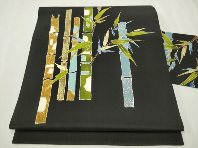 平和屋着物○九寸名古屋帯 笹竹文 黒地 金銀彩 正絹 逸品 CAAT0885hy