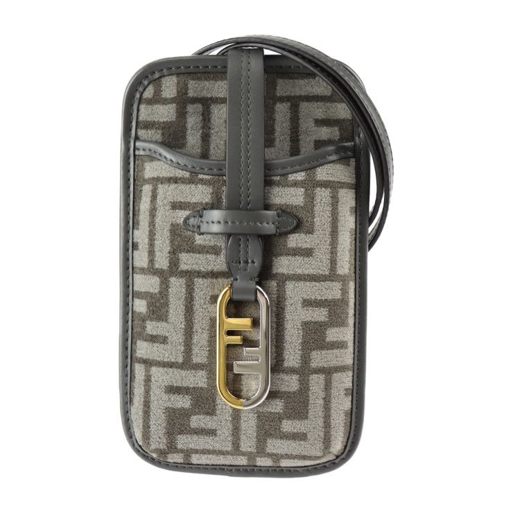 FENDI フェンディ フォンポーチ ショルダーバッグ 7AS131 ビスコース×レザー グレー系 ゴールド金具 シルバー金具 オーロック ズッカ柄 スマホケース コインケース カードケース マルチポシェット