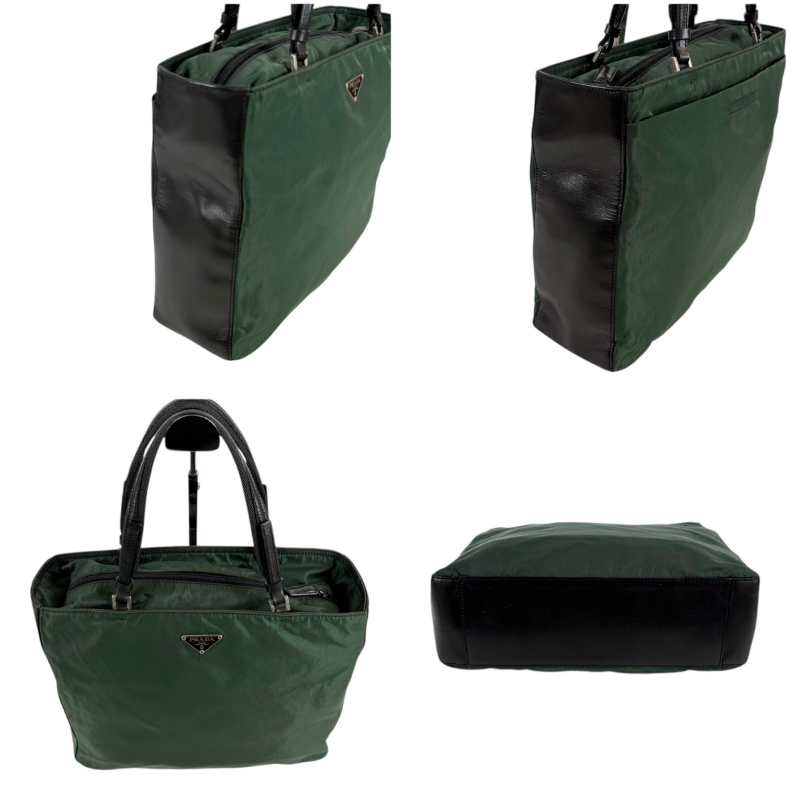 Prada Triangle Logo Mini Tote Bag Khaki Green Leather Nylon