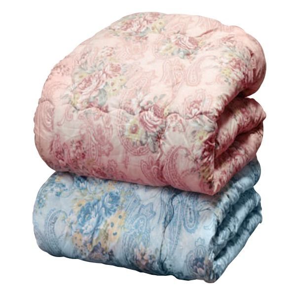羊毛キルト加工掛け布団 【ダブルサイズ】 ニュージーランド産 花柄 日本製 ブルー（青）【代引NG】