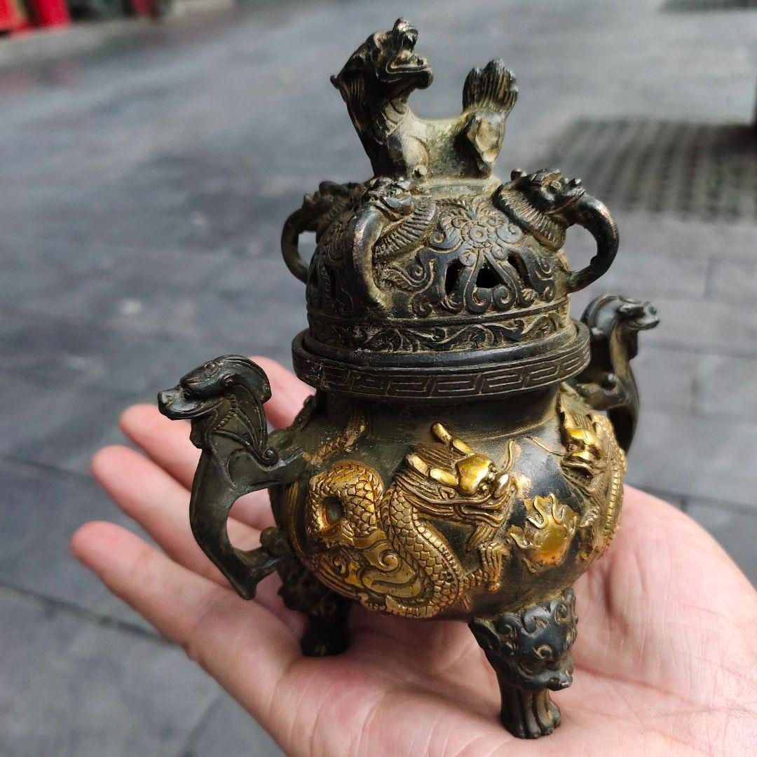 双龍戯珠香炉 銅製 香道具   装飾品   工芸品 美術品 置物 銅 細工 二龍戯珠薫香炉 香道具 仏具 工芸品 美術品 置物 - メルカリ