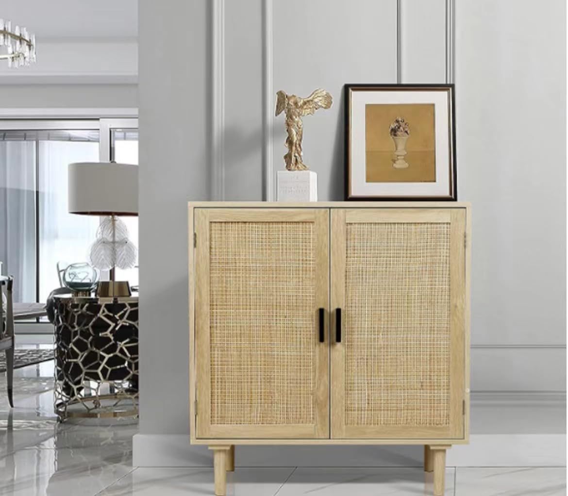 在庫 リビング 収納付き キッチン ビュッフェキャビネット 玄関 アクセント 扉付き ナチュラル 籐製キャビネット サイドボードビュッフェキャビネット 調節棚付き キッチン収納キャビネット 籐装飾ドア付き 収納キャビネット アクセント酒キャビネット Y