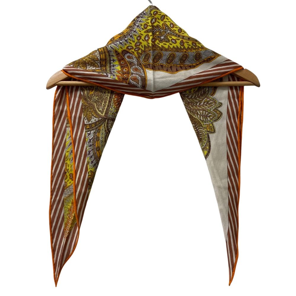 HERMES エルメス ロザンジュ ペイズリー カシミヤ シルク 菱形スカーフ オレンジ×ブラウン レディース 古着