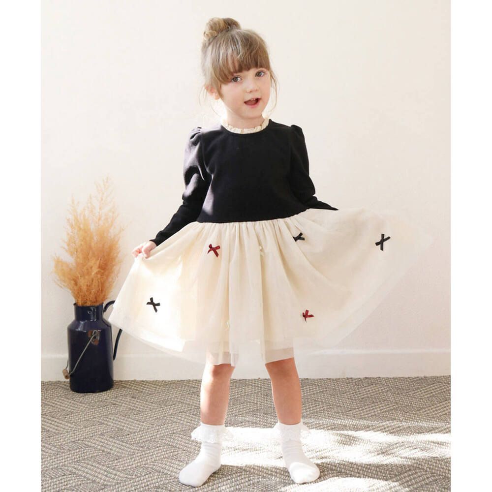 BLACK  110cm  ジュリエワンピース ワンピース キッズ 長袖 ドレスワンピース 10002890 子供 ドレス 女の子 結婚式 パーティ 発表会 卒園式 入園式 入学式 七五三 リボン チュールスカート かわいい