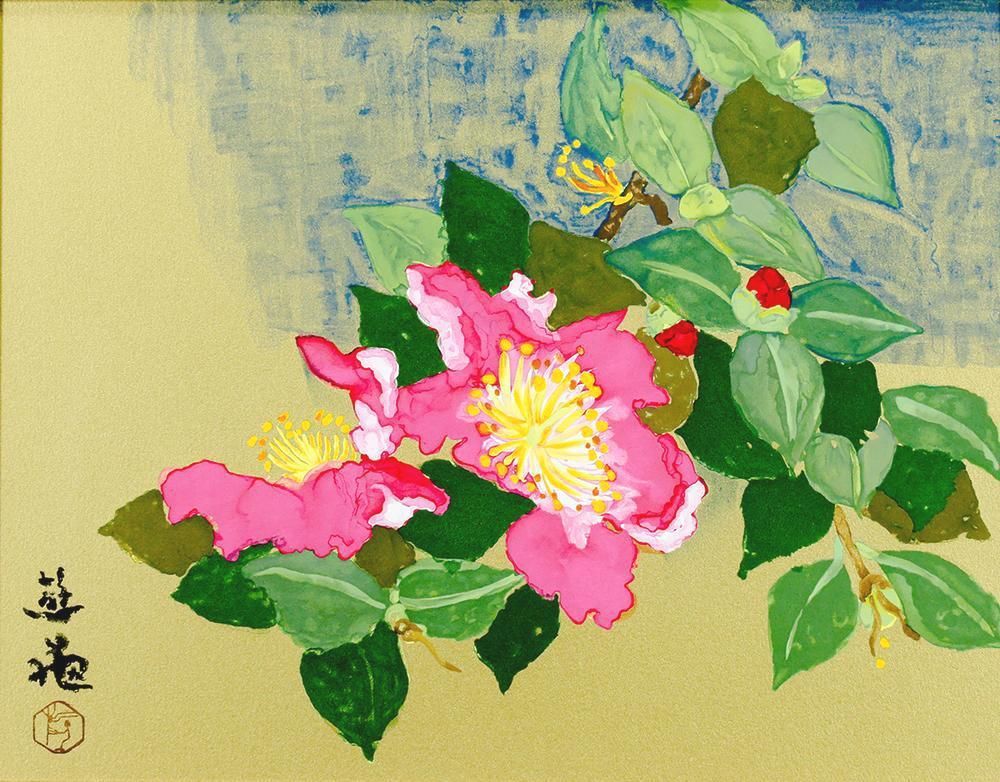 極美品✨未使用　小倉遊亀　山茶花　木版画 複製原画　エディション　144/250 真作】【WISH】小倉遊亀「山茶花」リトグラフ 約6号 証明シール