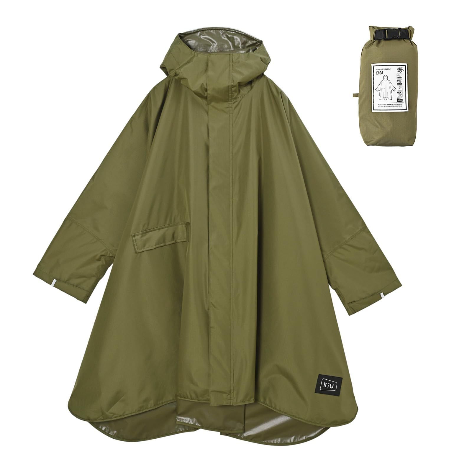 キウ スタンダードレインポンチョ 2ND STANDARD RAIN PONCHO - 2ND 防水 撥水 はっ水 耐水 豪雨対応 雨対策 大雨 台風 梅雨 レインコート スリーブポンチョ 雨具 雨ガッパ 雨合羽 袖付き 収納袋 ポケット おし カーキ