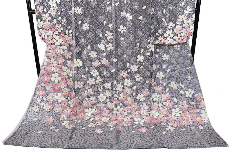 中古 色打掛 リサイクル オーガンジー レース 桜 シルバー 偏光ラメ 黒