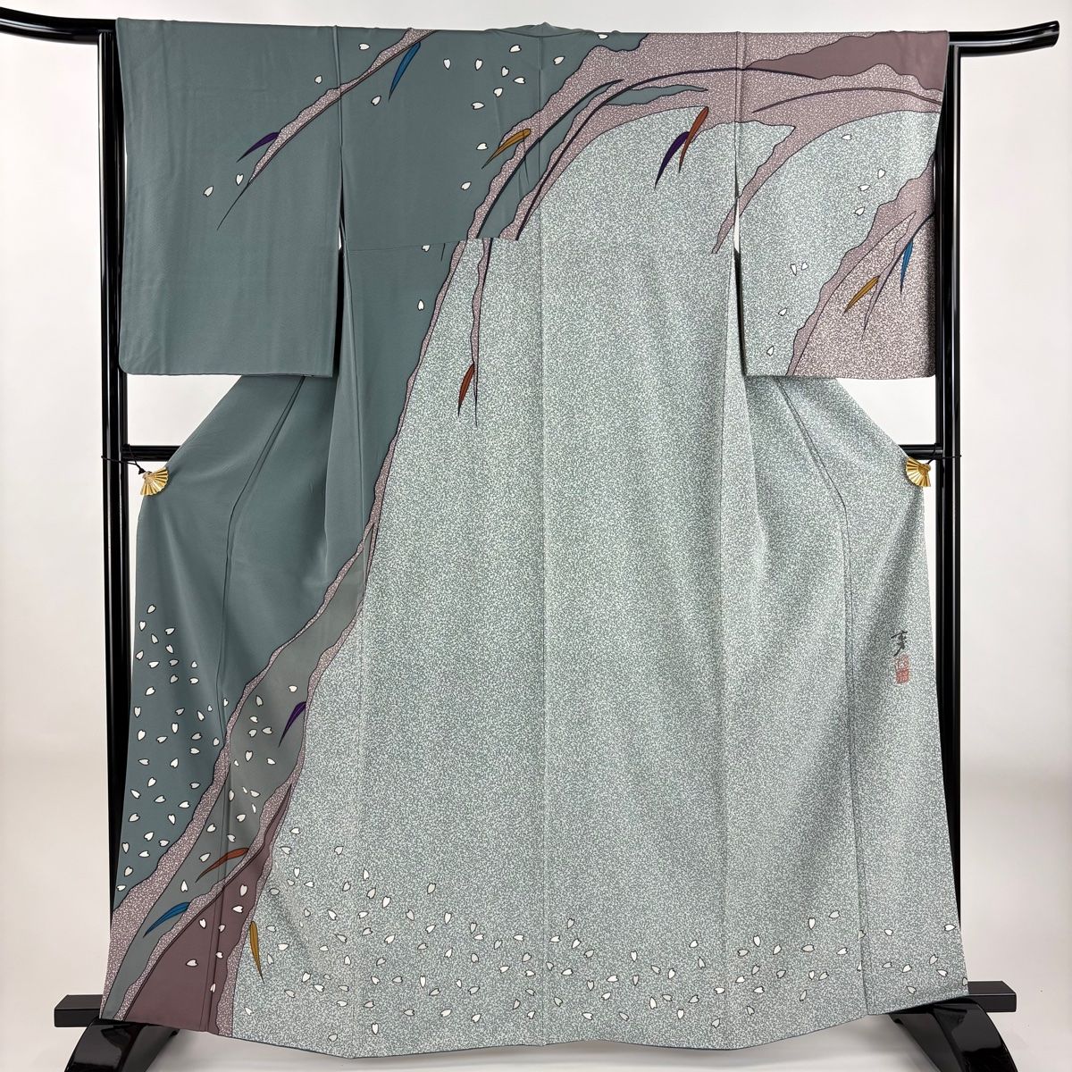 訪問着 身丈159cm 裄丈64.5cm M 袷 大久保玄才 落款 花びら 葉柄 金彩 染め分け 灰緑 正絹 名品 【】