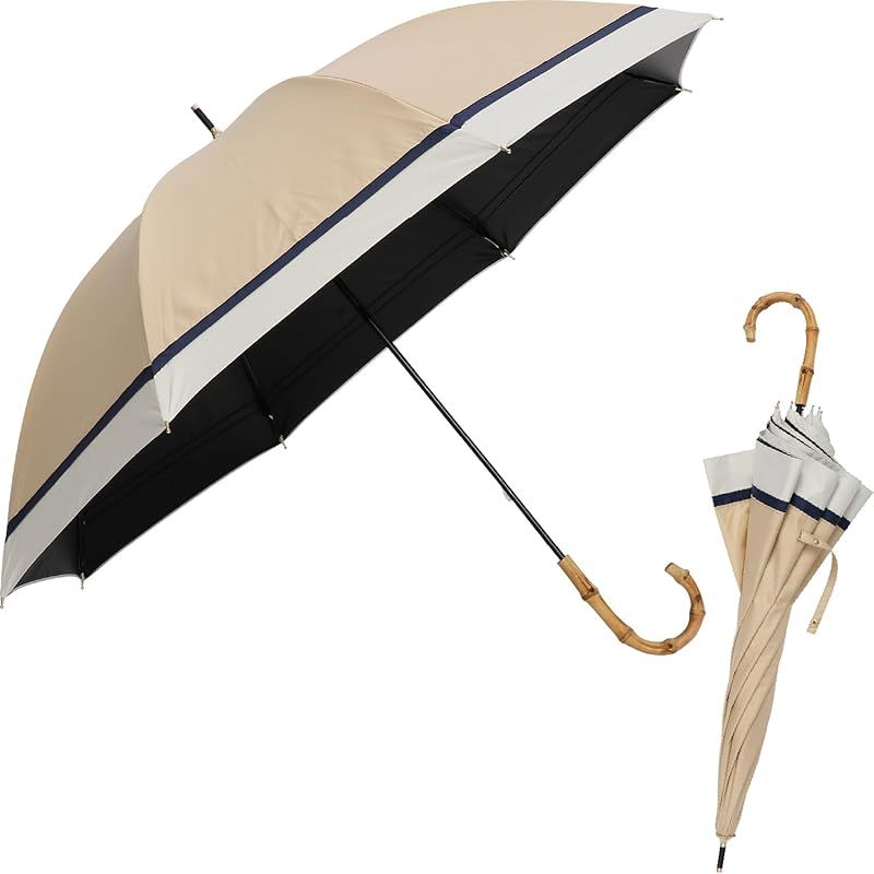 assa 日傘 完全遮光 レディース 長傘 UVカット 大きめ 55cm ワイド 軽量 手開き傘 遮熱効果 晴雨兼用 グラスファイバー バンブー 竹製ハンドル FLL FLL007|キャメル