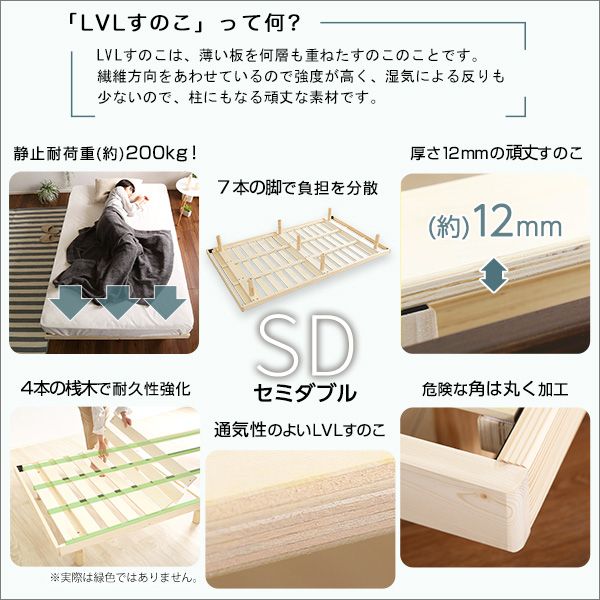 3段階高さ調節脚付きすのこベッド セミダブル Lilitta-リリッタ- ポケットコイルロールマットレス付きセミダブル GREEN_EXPONAUT_ME