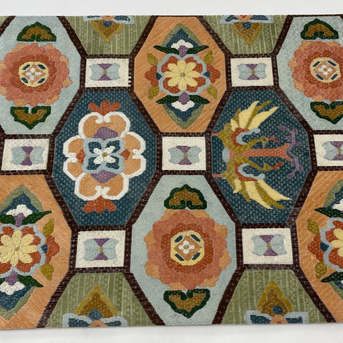 白地に花蜀江柄　上品な夏の袋帯 袋帯 逸品 蜀江華文 向かい鳥 絽刺し 金糸 緑 全通 正絹 【中古