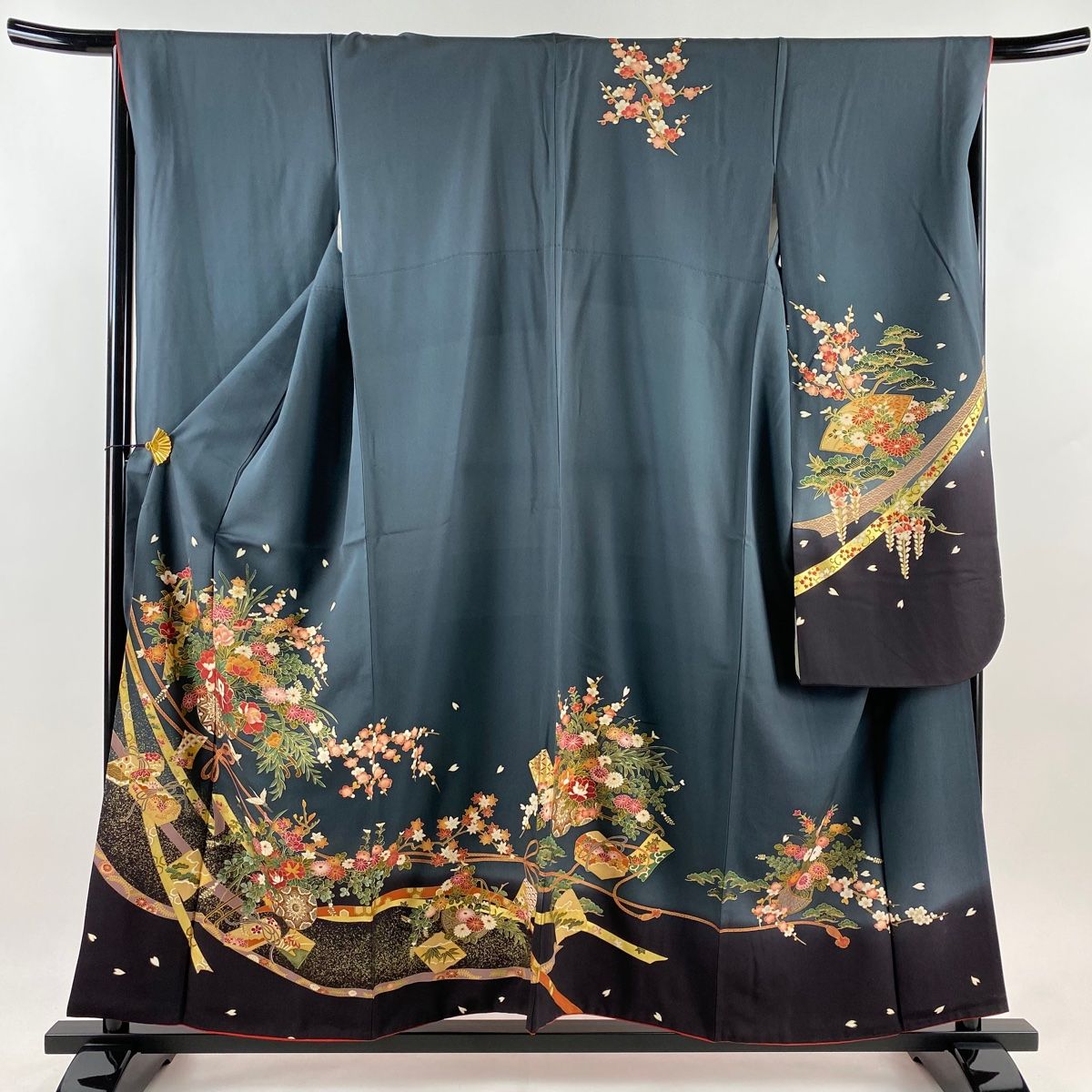 振袖 身丈157cm 裄丈66cm M 袷 花車 文箱 金彩 ぼかし 深緑 正絹