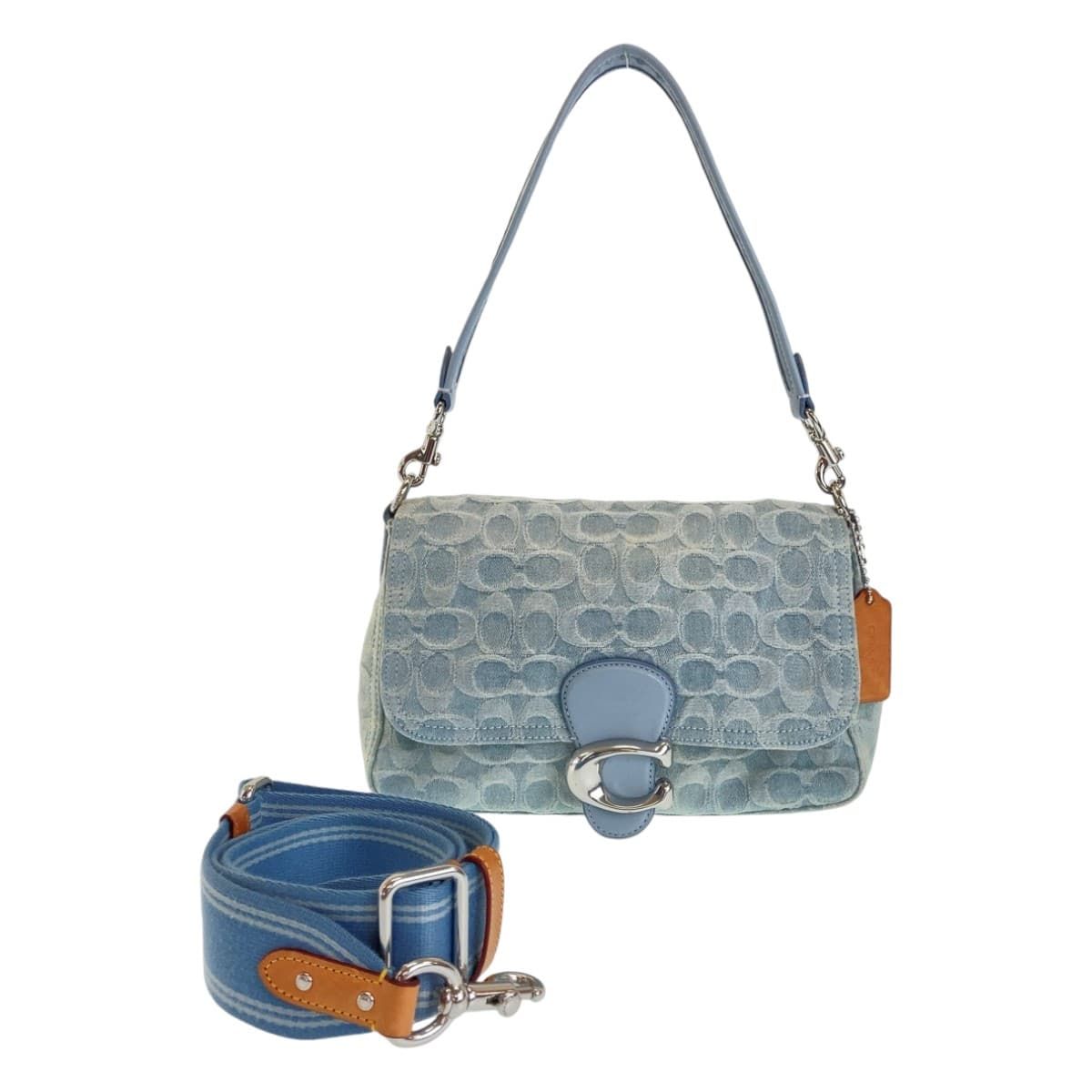 美品 COACH コーチ シグネチャー スカイブルー シルバー金具 デニム 
