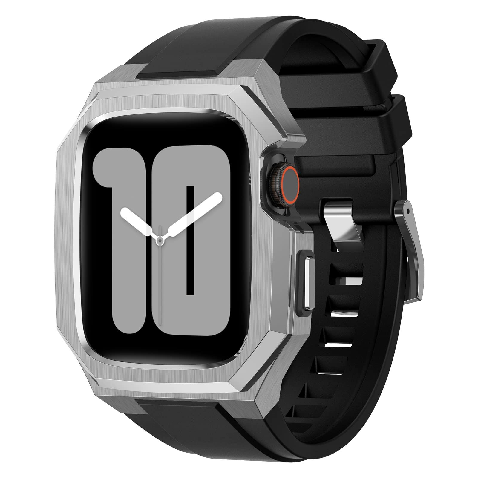 BinGeLi コンパチブル Apple Watch バンド 44mm 45mm 46mm 49mm ステンレス鋼 頑丈なメンズ フッ素ゴムベルド 一体型 スポーツ Series 9|8|7 45mm SE2|6|5|4|SE 44mm Ultra 49