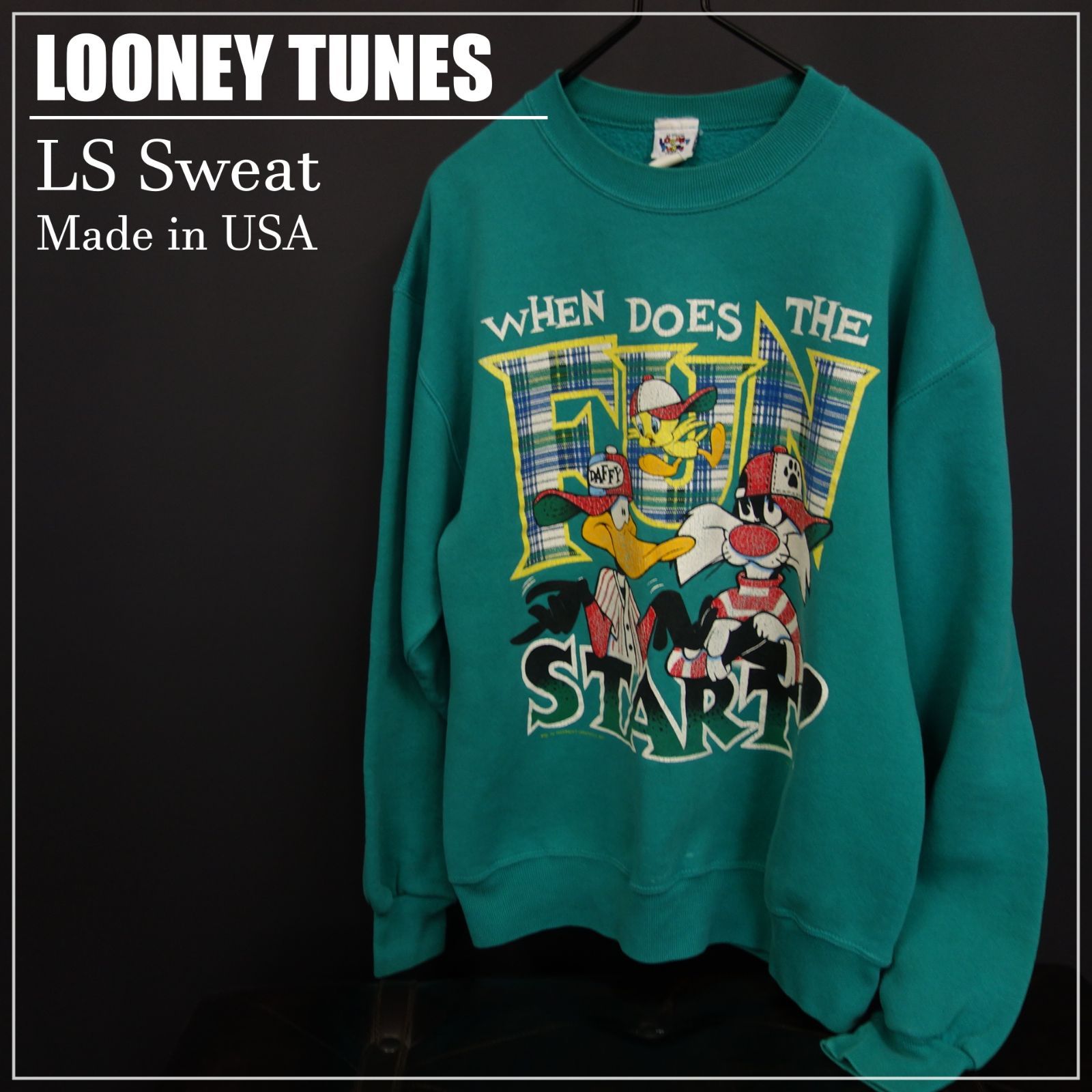 90s Vintage US古着LOONY TUNES ルーニー テューンズ 長袖スウェット プリント USA製 SIZE M グリーン 90's 90年代 グッドデザイン
