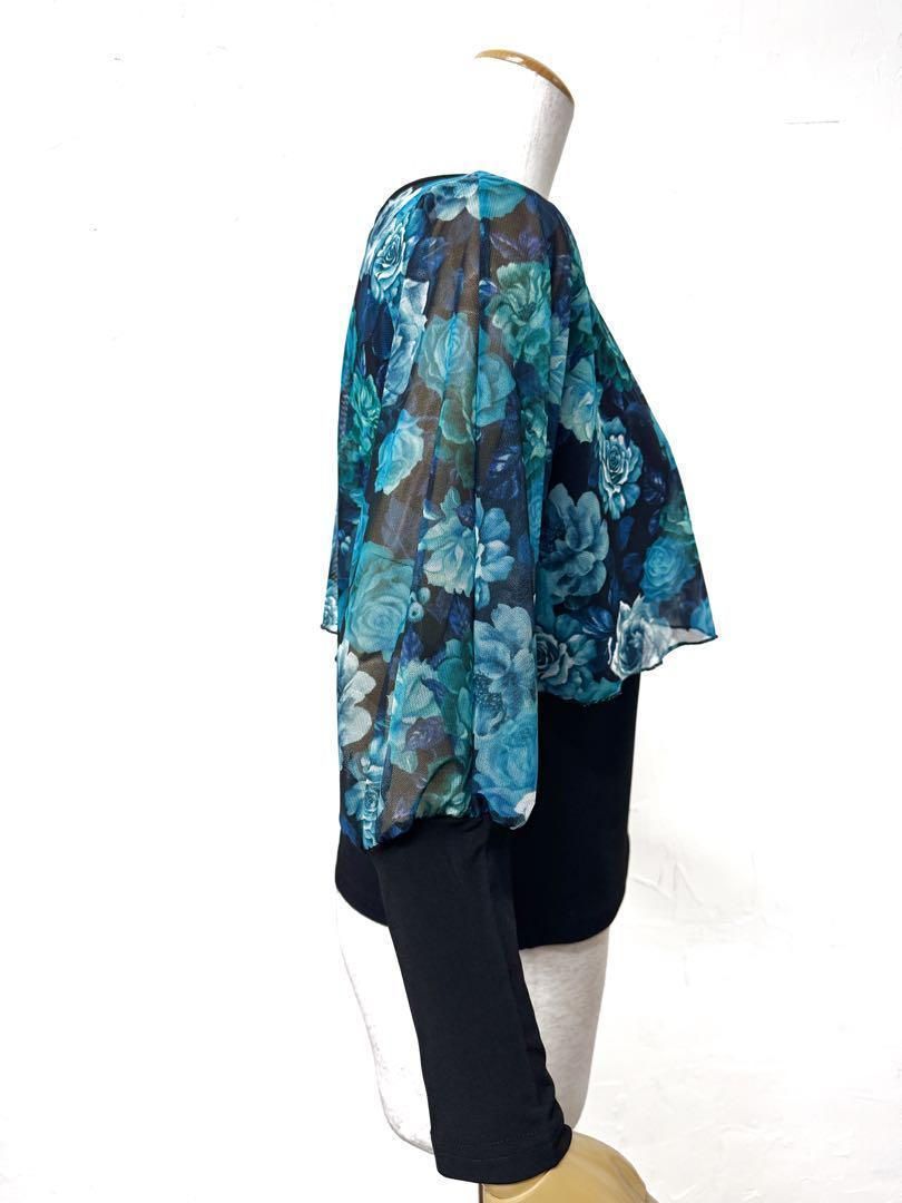 華やぎ】新品 TAKAダンス Mサイズ社交ダンスブルー花柄カットソー837