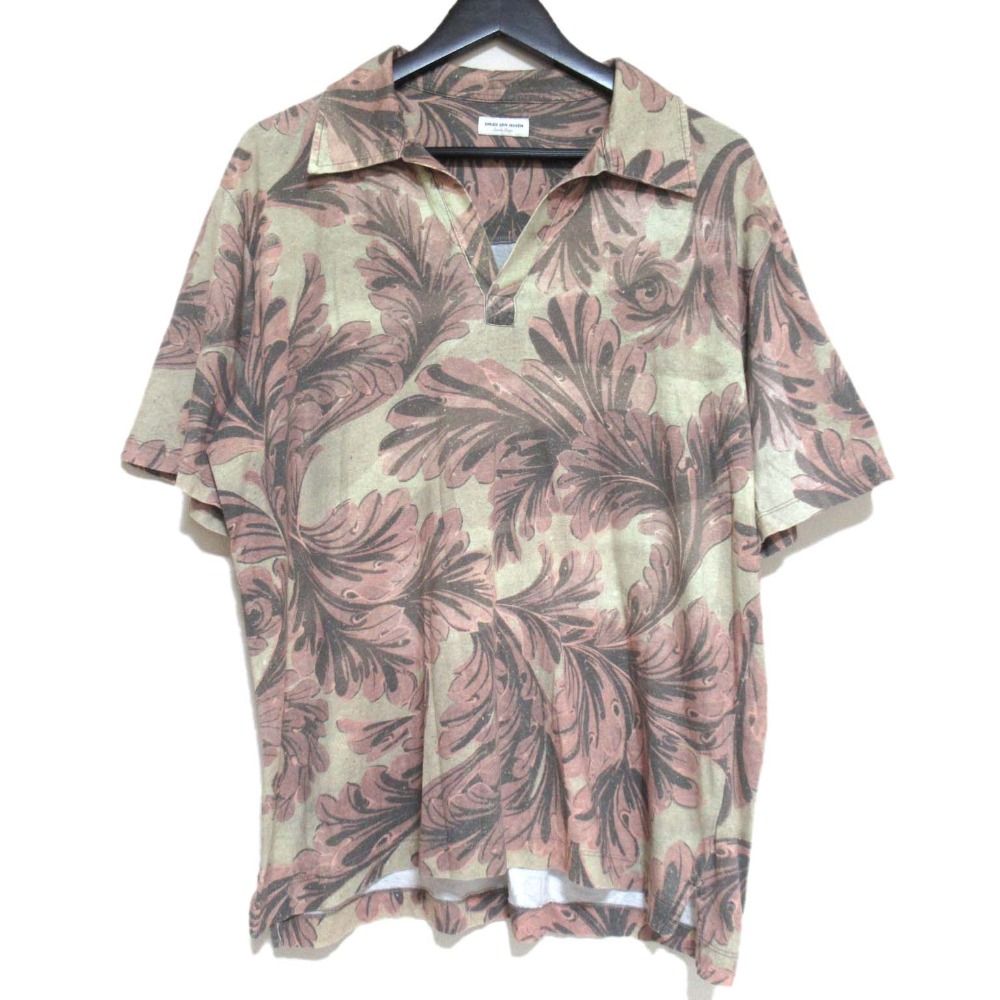 DRIES VAN NOTEN ドリスヴァンノッテン ボタニカル柄 半袖 スキッパー ポロシャツ XLサイズ ベージュ×ピンク メンズ 古着