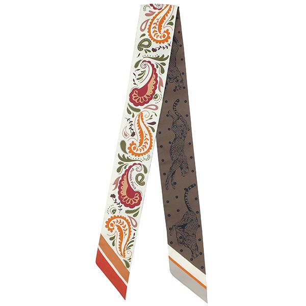 エルメス HERMES スカーフ ツイリー シルク ホワイト×オランジュキュイ×グリーン GUEPARDS BANDANA MULT|チーター バンダナ 箱