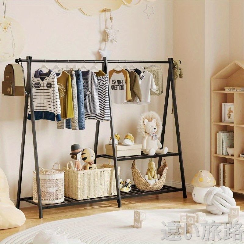 ハンガーラック 子供服オーガナイザー 頑丈な金属製ハンガーラック 簡単組立 125cm×高さ106.6cm 寝室 プレイルーム 収納 省スペースデザイン 耐久性のあるスチールフレーム おもちゃ ベビー服 子供部屋 ブラック