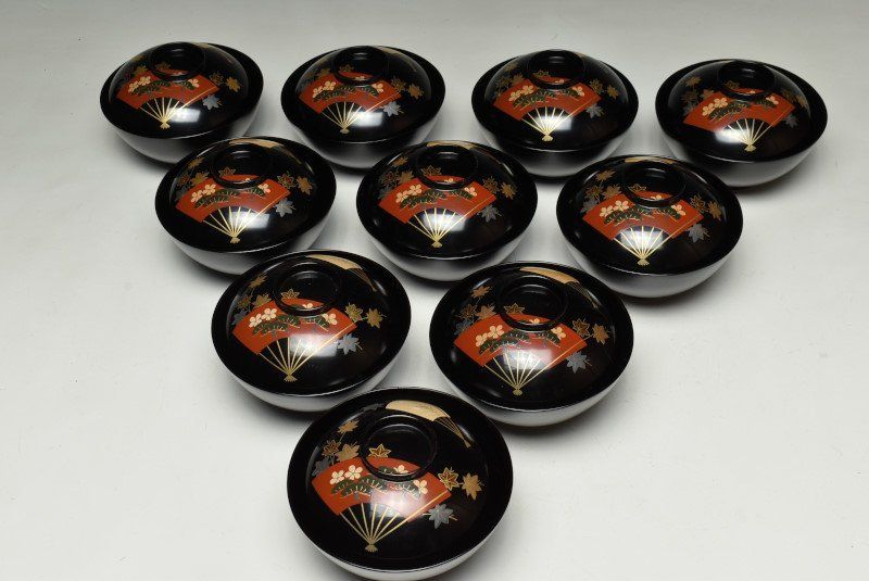 蔵A2005b 木製黒塗 扇子紅葉松文見返蒔絵 吸物椀 汁椀 十客