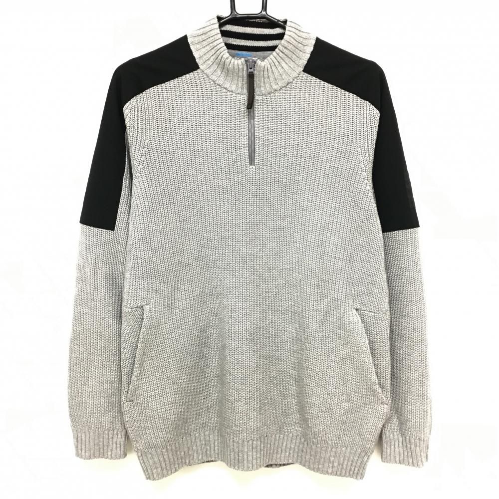 特価【超美品】アディダス ハイネックセーター グレー×黒 異素材切替 ハーフジップ ウール混  メンズ L ゴルフウェア adidas