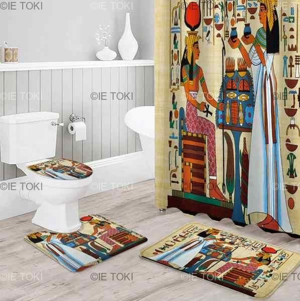 古代エジプトのパピルスシャワーカーテンセットノンスリップラトイレ蓋カバーとバスマット防水浴室のカーテン