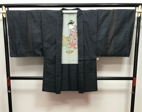 正絹 黒地に蚊絣文様の紬