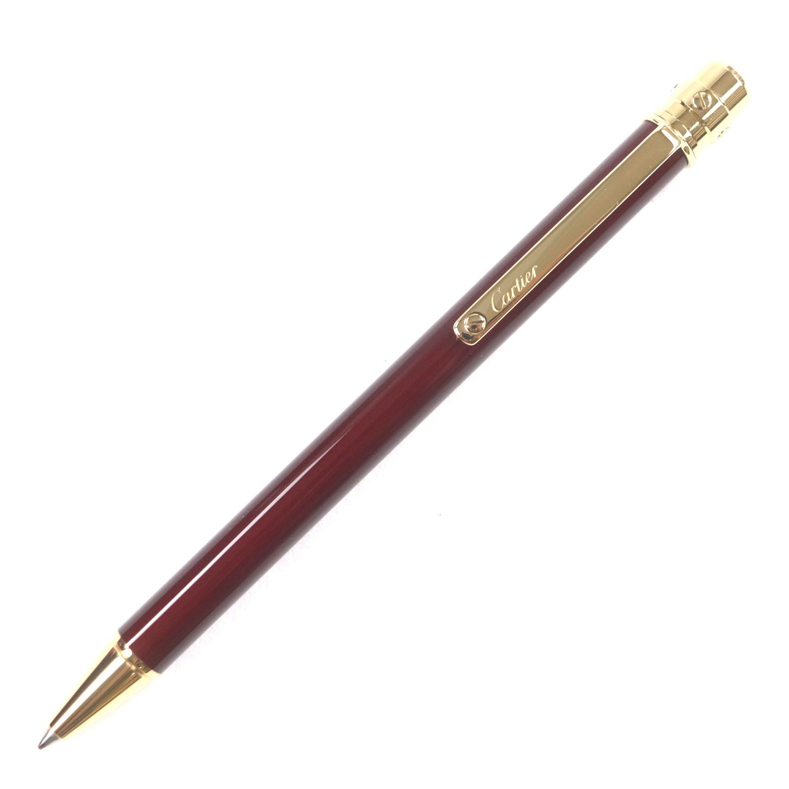 Cartier カルティエ サントス ドゥ カルティ ロゴ刻印入り ツイスト式 ボールペン ボルドー ゴールド 箱 ケース付き スイス製 メンズ 筆記 済み