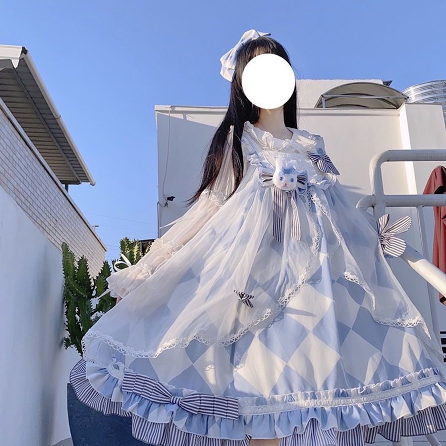Lolita うさぎアリス かわいいプリント 青白チェック柄 キャミソールワンピース ロリータ コスプレ