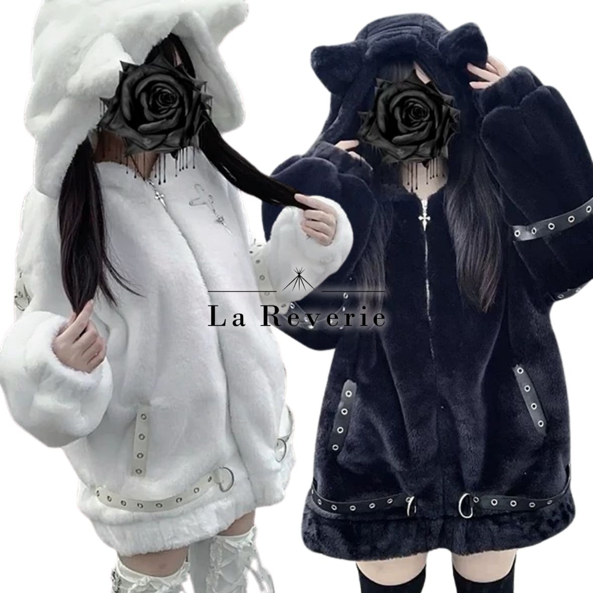 もこもこ アウター パーカー フード 耳付き 地雷系 韓国ファッション 量産型 モノトーン かわいい ブラック ホワイト 秋冬 レディース ジップアップ コート ふわふわ ジャケット 大きめ 体型カバー